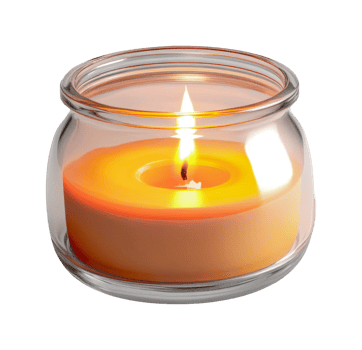 Lit orange scented candle in glass jar with warm glow, cut out png