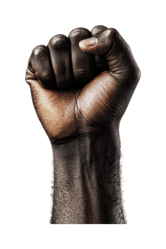 African adult male hand raised in fist gesture for strength and unity, cut out png