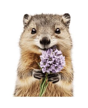 Adorable quokka holding purple flowers close-up with cheerful expression, cut out png