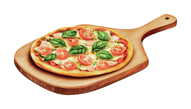 Delicious vegetarian pizza with fresh basil and cherry tomatoes on wooden paddle, cut out png