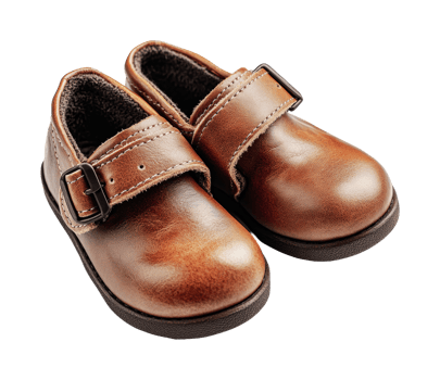 Pair of classic brown leather baby shoes with buckle straps, cut out png