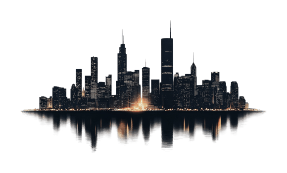 Nighttime new york city skyline reflection with illuminated skyscrapers, cut out png