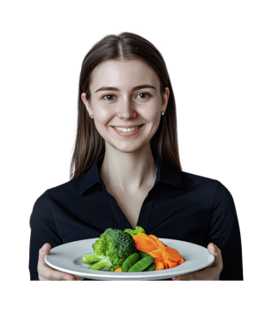Young caucasian female presenting fresh vegetable dish with smile, cut out png