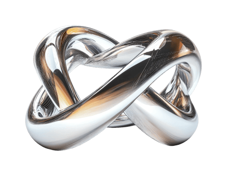 Intricate silver infinity knot with reflective metallic finish, cut out png