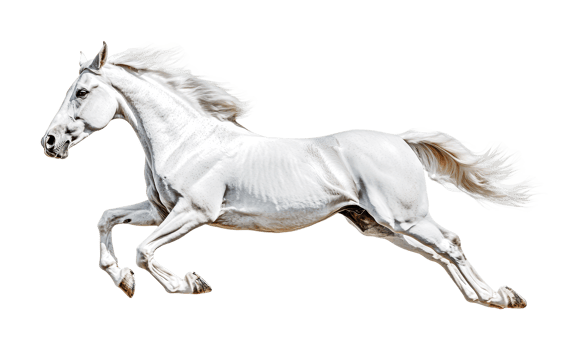 Majestic white horse galloping powerfully forward in dynamic motion, cut out png