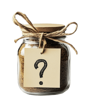 Mystery gift jar with question mark label and twine decoration, cut out png