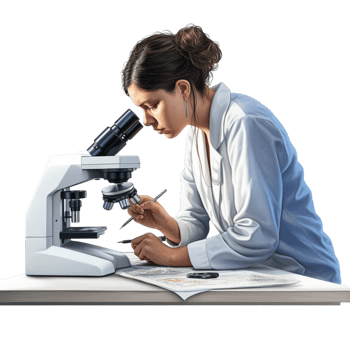Female scientist examining a sample through a microscope png