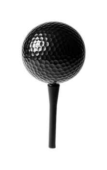 Golf ball on tee with black background highlighting textured surface, cut out png