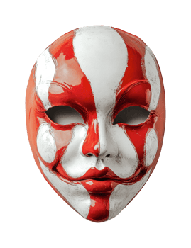 Red and white venetian mask with bold abstract design, cut out png