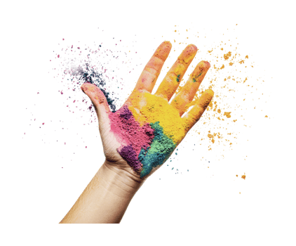 Vibrant colored powders burst from caucasian adult hand during festival celebration, cut out png