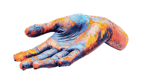 Colorful hand covered in vibrant paint with black background, cut out png