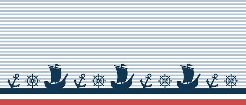Nautical background with ships, anchor and steering wheel. Seamless border. Flat style illustration. vector