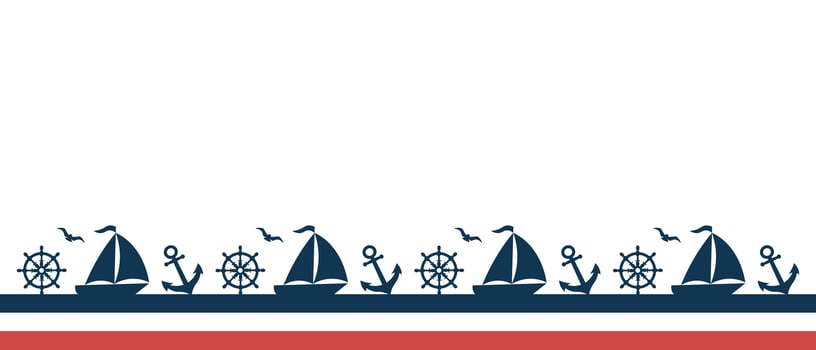 Marine background with sailboat, steering wheel, anchor and seagulls. Seamless border. Flat style illustration. vector