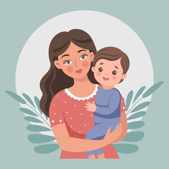 Loving mother and child. Portrait of family affection. Happy mother holding her son in her arms. Mother's day card. Flat style illustration. vector
