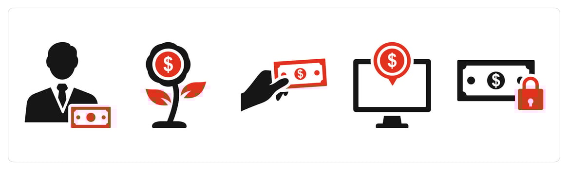 Set of 5 mix icons in red color as accountact, investment, cash in hand vector