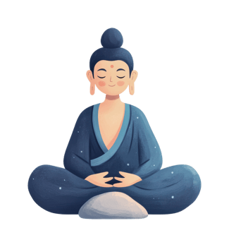 Tranquil asian female meditation in blue attire with peaceful expression, cut out png