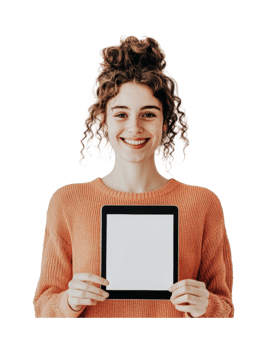 Young caucasian female smiling holding a tablet displaying a blank screen, cut out png