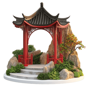 a chinese pavilion with a red roof and stone steps png