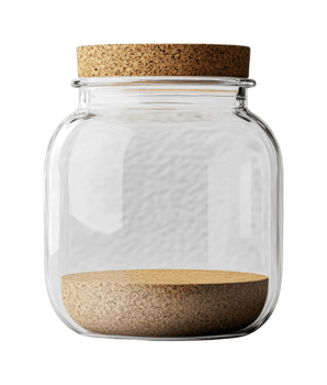 Empty glass jar with cork lid on transparent background, cut out png