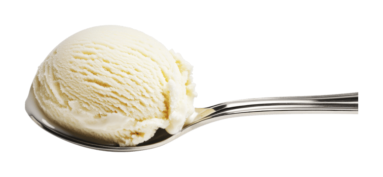 Close-up of vanilla ice cream scoop on a silver spoon, cut out png