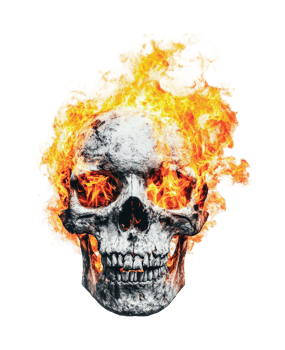 Fiery skull with flames emanating from the eye sockets, cut out png