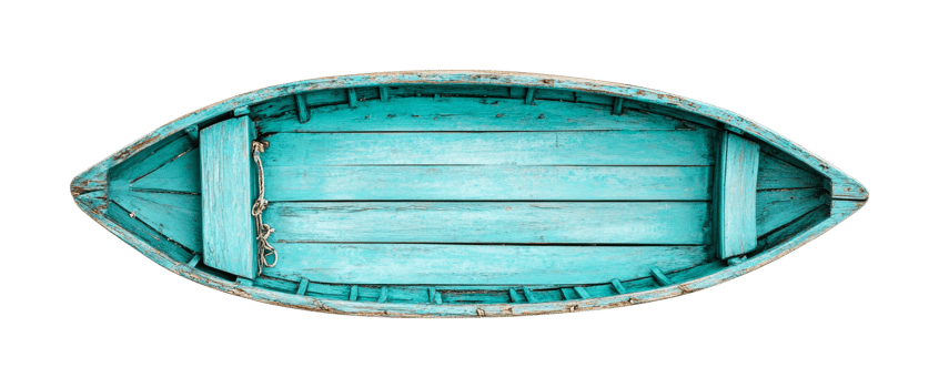 Vintage wooden turquoise rowboat from above with rustic details, cut out png