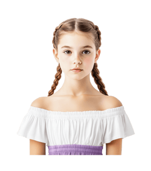 Young caucasian female child with braided hair wearing off-shoulder dress, cut out png