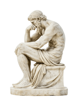 Caucasian male marble statue of a philosopher in a contemplative pose, cut out png
