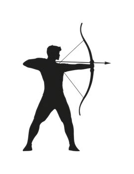 Silhouette of male archer drawing bow in profile view, cut out png