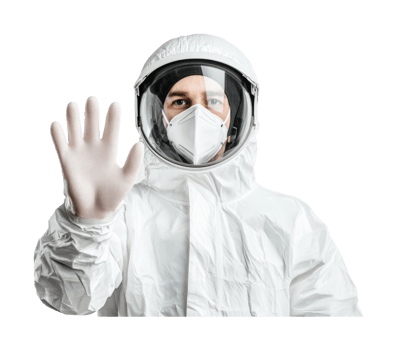 Male scientist in protective hazmat suit with mask and gloves, cut out png