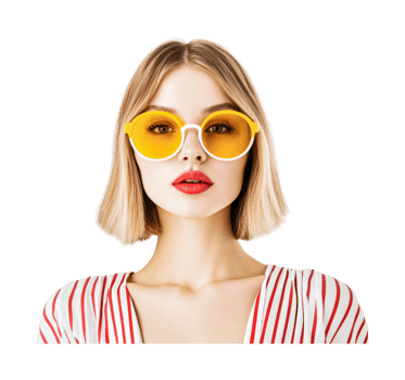 Stylish young caucasian female with yellow sunglasses and blonde bob hairstyle, cut out png