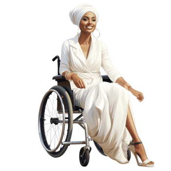 woman in white attire sitting in a wheelchair smiling png