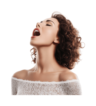 Caucasian female with curly hair in profile pose expressing emotion, cut out png