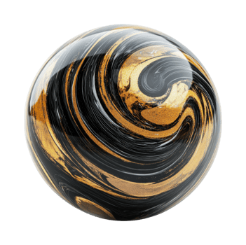 Abstract golden swirl sphere with black background and reflective surface, cut out png