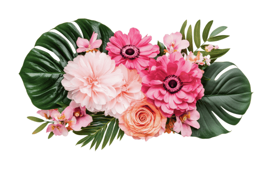 Vibrant pink floral arrangement with exotic leaves and roses, cut out png