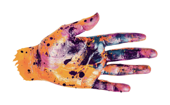 Colorful painted hand art with vibrant splashes of purple and orange, cut out png
