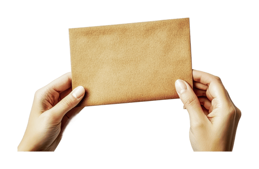 Caucasian female holding brown envelope with two hands, cut out png