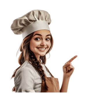 Smiling young caucasian female chef pointing in chef hat and apron, cut out png