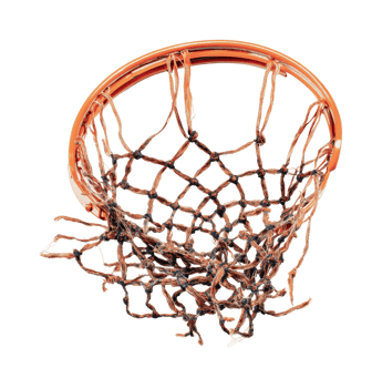 Close-up of worn basketball hoop with torn netting against black background, cut out png