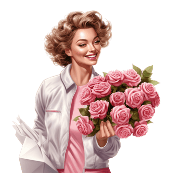 Happy woman holding a bouquet of pink roses smiling png