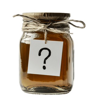 Mystery jar with question mark label and rustic twine on lid, cut out png