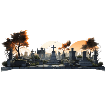 Cemetery lscape gravestones trees under a sunset sky png