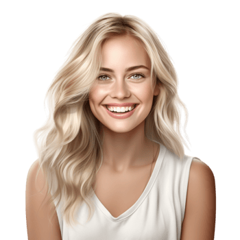 Smiling blonde woman wavy hair wearing a white sleeveless top png