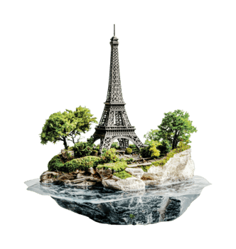 Floating miniature eiffel tower and lush island landscape, cut out png