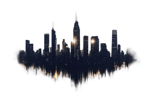 Reflective urban skyline at night with illuminated skyscrapers and water reflection, cut out png