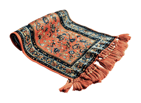 Intricately patterned rolled persian rug with tassels, cut out png