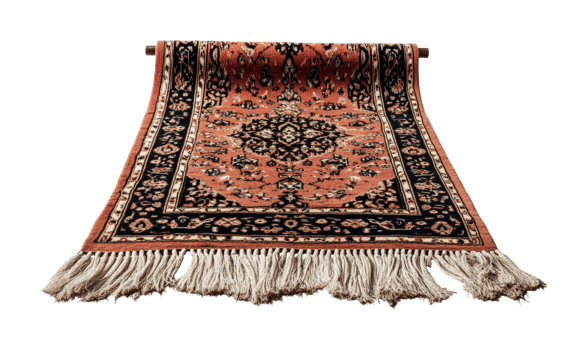 Handwoven vintage persian rug with intricate patterns and fringed edges, cut out png