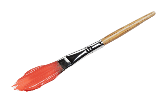 Wooden handle paintbrush with red paint stroke on bristles, cut out png