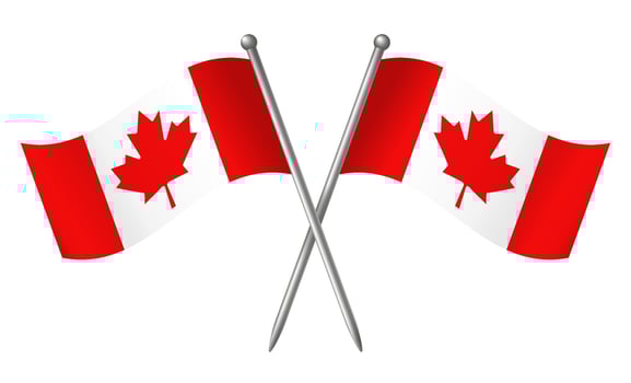 Two crossed Canadian flags with waving effect on silver poles isolated on a transparent background. Concept of Canada national pride, independence, and patriotism. Perfect for Canada Day. . vector
