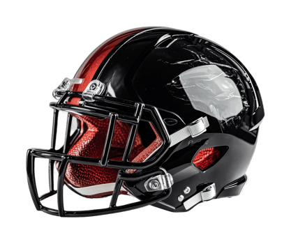 Glossy black and red american football helmet with faceguard, cut out png